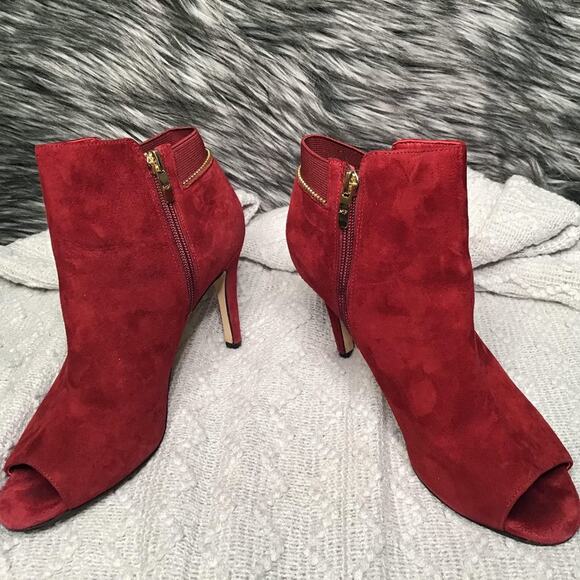 Marc Fisher Dark Red Suede Peep Toe Booties 7M - Picture 2 of 6